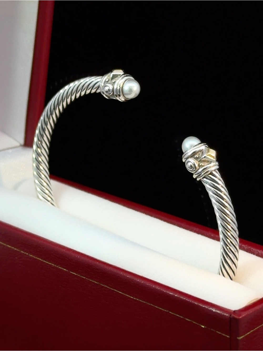 David Yurman Sterling Silver Cable Cuff Bracelet with White Pearls - Picture 3 of 7